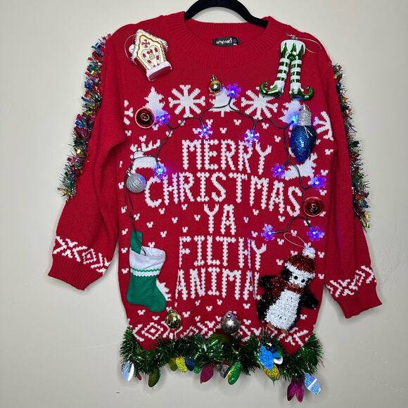 Ugly Christmas Sweater Home Alone LIGHTS UP Tinsel Xmas Party Winner Medium - Picture 1 of 5